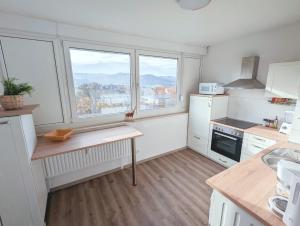 een keuken met witte apparatuur en 2 ramen bij Wohnung mit Balkon und Aufzug in Hagen
