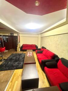 クラヨーヴァにあるMinerva apartament”sのリビングルーム(赤いソファ、テーブル付) +1枚の写真