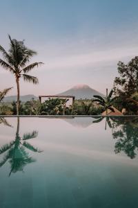 a pool with a palm tree and a mountain in the background at Lempuyang Boutique Hotel in Karangasem