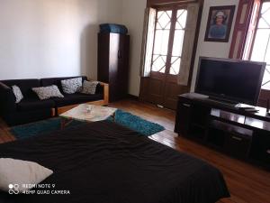 ein Wohnzimmer mit einem Sofa und einem Flachbild-TV in der Unterkunft Hostal Irreal in Santiago