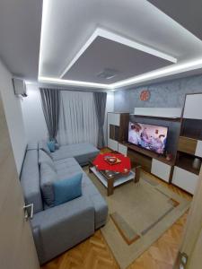 Il comprend un salon doté d'un canapé et d'une télévision à écran plat. dans l'établissement Matej LUX Apartment, à Skopje