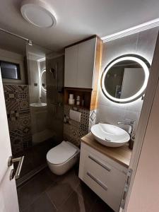La petite salle de bains est pourvue de toilettes et d'un lavabo. dans l'établissement Teka’s home, à Sarajevo