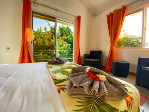 a bedroom with a bed and a large window at Passage du Soleil in Anse Possession