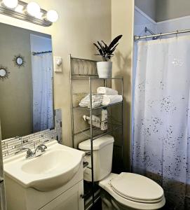 uma casa de banho com um lavatório, um WC e um espelho. em Charming! near CLE Clinic/UH/CWRU/Dwntwn w/porch em Cleveland