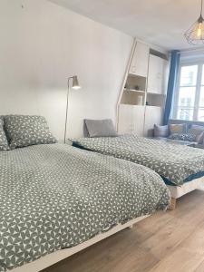 - une chambre avec deux lits et une lampe dans l'établissement Super appartement 3T proche Tour Eiffel, à Paris