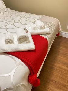 un letto con asciugamani bianchi e una coperta rossa di Hudson House a Vancouver