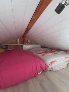 a bed with a pink blanket in a room at 5 min des pistes de ski Grand studio mezzanine in Viuz-en-Sallaz
