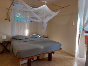 a bedroom with a bed with a canopy and a window at Chambre avec terrasse vue mer in Grand-Bourg