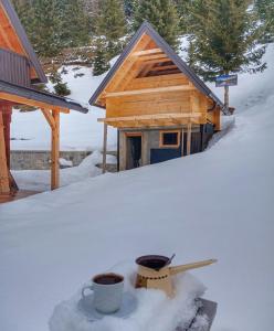 una casa con dos tazas en la nieve frente a ella en Čakorski Konaci, en Berane