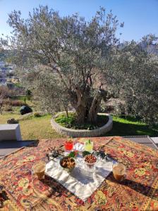 una mesa con comida en ella con un árbol en Zelena Maslina, en Bar