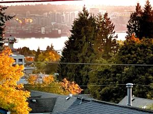- Vistas a una ciudad con árboles y tejados en City View Home-wi-fi, Parking, Decks, Bbq, Wd, en North Vancouver