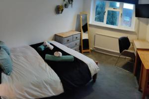 um quarto com uma cama com uma pessoa deitada sobre ela em Spacious Rooms close to Aylesbury Centre - Free Fast WiFi em Buckinghamshire