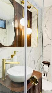 ein Bad mit einem Waschbecken und einem Spiegel in der Unterkunft L’émeraude - Superbe studio tout équipé + parking in Metz