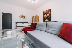 a living room with a gray couch and red pillows at Modern living in city centre in Košice