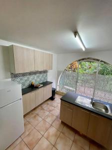 eine Küche mit einem Waschbecken und einem Fenster in der Unterkunft Le Toucan Tropical, F2 bis emplacement central in Fort-de-France