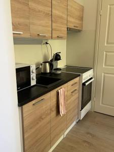 a small kitchen with a stove and a microwave at Cozy apartment next to Finnish culture spots in Helsinki