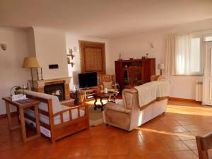 een woonkamer met een bank en stoelen en een open haard bij Casa das Oliveiras - Manteigas in Manteigas
