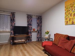 sala de estar con sofá y TV de pantalla plana en Comfortable accommodation in middle of a winery 