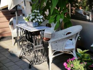 una mesa al aire libre con sillas de mimbre y una mesa con flores en Comfortable accommodation in middle of a winery 