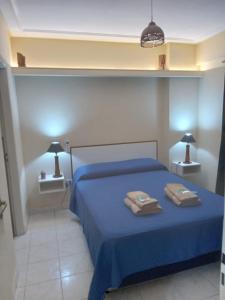1 dormitorio con 1 cama azul y 2 toallas en Lavalle 899 en San Miguel de Tucumán