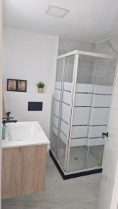 ein Bad mit einer Glasdusche und einem Waschbecken in der Unterkunft BlumLuxury Apartment in San Bartolomé de Tirajana