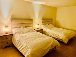 2 Betten in einem Schlafzimmer mit 2 Lampen an Tischen in der Unterkunft New remodel farmhouse style w/ 4bedrooms +3 baths in Elk Grove