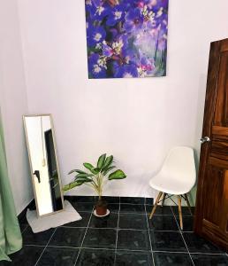 a room with a mirror and a plant and a chair at Carbell House in La Cruz