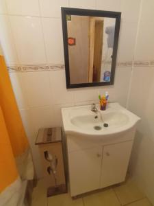 bagno con lavandino bianco e specchio di Cabañas Sofi a Quillón