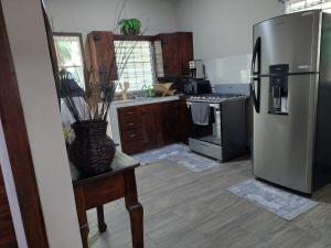 a kitchen with a refrigerator and a table with a vase at La Casita del Lago en El Jaral in Santa Cruz de Yojoa