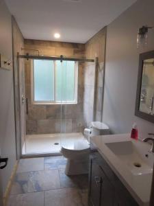 La salle de bains est pourvue d'une douche, de toilettes et d'un lavabo. dans l'établissement Luxury Cottage in South Parry Sound, à Parry Sound