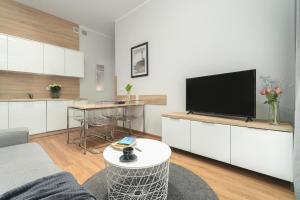 a living room with a flat screen tv on a counter at Amber - C23 - 50m od plaży in Pobierowo