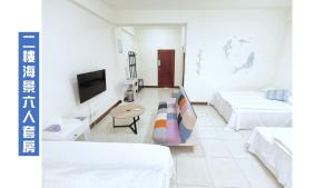 台東市的住宿－天天看海民宿，白色的客厅配有两张床和电视