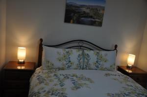 a bedroom with a bed with two lamps on tables at Blue Wren Cottage in Tumut