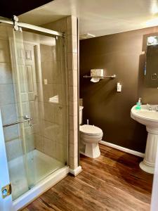 a bathroom with a shower and a toilet and a sink at The Oasis@Woodyard in Upper Marlboro