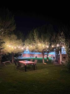 a picnic table and chairs in a yard at night at Finca Campestre Los Pinos in Arteaga