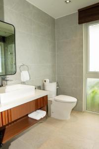 een badkamer met een toilet, een wastafel en een spiegel bij Palace Long Hai Resort & Spa in Long Hai