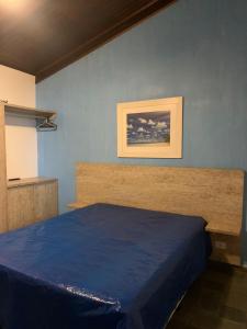 um quarto azul com uma cama e uma imagem na parede em Casa Pé na Areia Sapê em Ubatuba