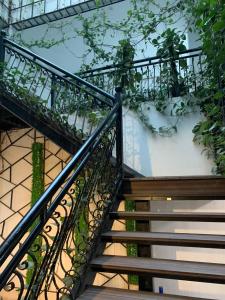 uma escada em espiral com plantas na lateral de um edifício em Hoa Hồng Hotel Sơn La em Sơn La
