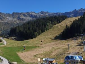 Les AdretsStudio cabine skis aux pieds, balcon, centre station - FR-1-771-65的两个人站在长满树木的草山上