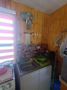 uma cozinha com um lavatório e uma parede de tijolos em Cabaña Sofi em Quillón