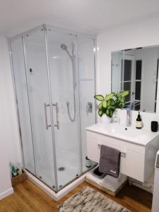 baño blanco con ducha y lavamanos en Reeves Retreat-Handy in Tasman en Nelson