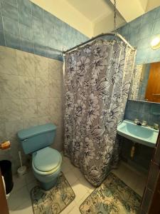 a bathroom with a blue toilet and a shower curtain at Economical Near Beach with Full bed 4th floor in San Juan