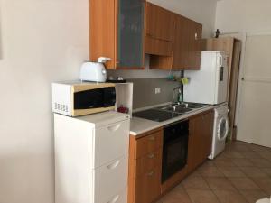eine Küche mit einem weißen Kühlschrank und einer Mikrowelle in der Unterkunft Appartamento monolocale in Iseo