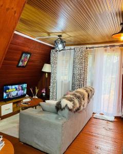 a living room with a couch and a tv at Aquawood Cabins in Kianyaga
