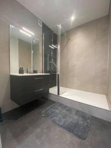 uma casa de banho com um chuveiro, um lavatório e um espelho. em Le Navy Blue em Vesoul