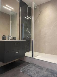 a bathroom with a glass shower and a sink at Le Navy Blue in Vesoul