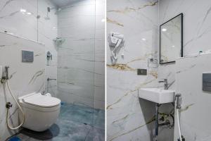 two pictures of a bathroom with a toilet and a sink at FabHotel Prime Cloud 5 Studios in Madhapur