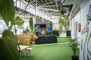 a living room with a couch and a tv and plants at Habitat Backpackers in Brisbane