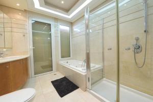 La salle de bains est pourvue d'une douche, de toilettes et d'un lavabo. dans l'établissement Exclusive Top Luxury Penthouse near the sea with Privat Roof-Pool, à Eilat