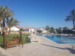 - une piscine avec une rangée de chaises longues à côté de la piscine dans l'établissement Exclusive Top Luxury Penthouse near the sea with Privat Roof-Pool, à Eilat